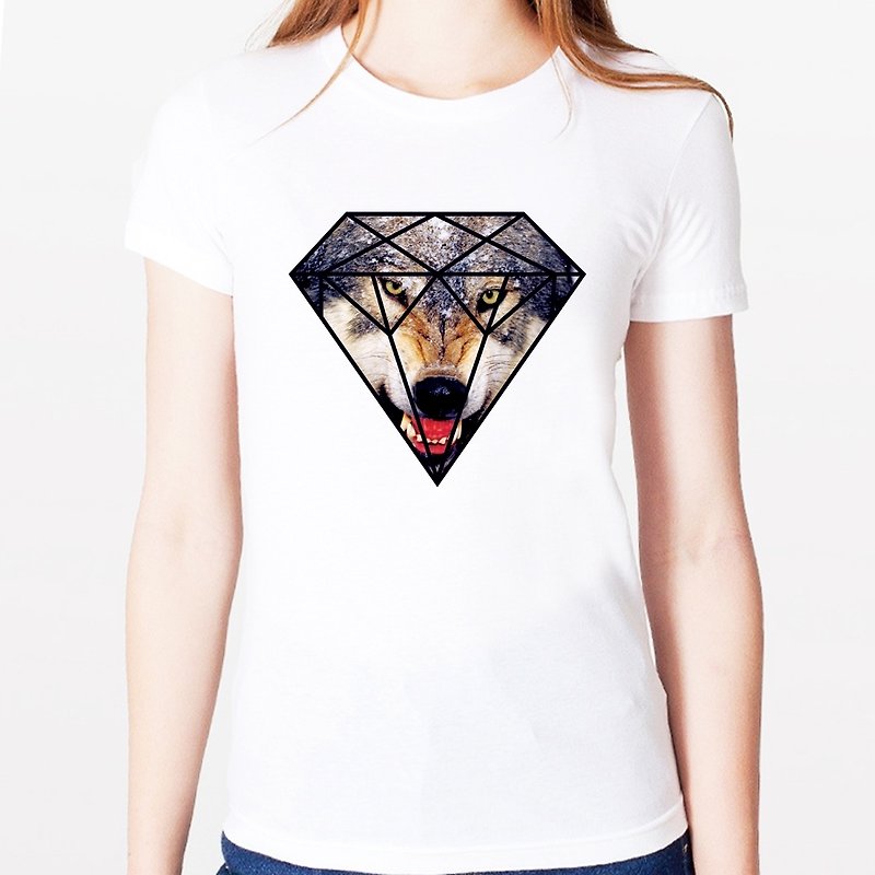 Wolf Diamond Girls Short Sleeve T-Shirt-White Diamond Wolf Animal Design Photo - เสื้อยืดผู้หญิง - วัสดุอื่นๆ ขาว