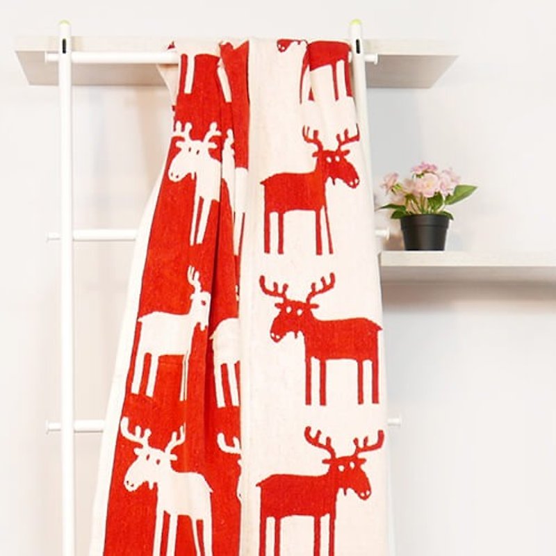 【交換禮物】瑞典Klippan 有機棉暖暖毯--你好麋鹿先生(紅色) - 床包/寢具 - 棉．麻 紅色
