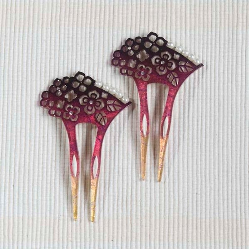 【MITHX】Beaded window grilles, two-color gradient fan-shaped hairpin, hairpin-purple - Hair Accessories - Acrylic Purple