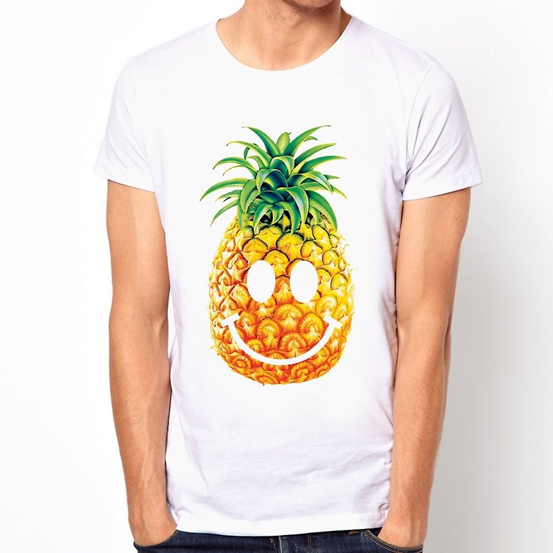 PINEAPPLE-Smile短袖T恤-白色 鳳梨微笑臉時尚設計自創品牌水果 - 男 T 恤 - 棉．麻 白色