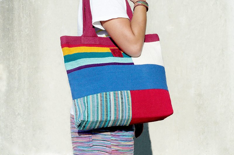 Mother's Day gift natural hand-woven rainbow colorful canvas school bag / backpack / side backpack / shoulder bag-natural hand-feel color matching design - Messenger Bags & Sling Bags - Cotton & Hemp Multicolor