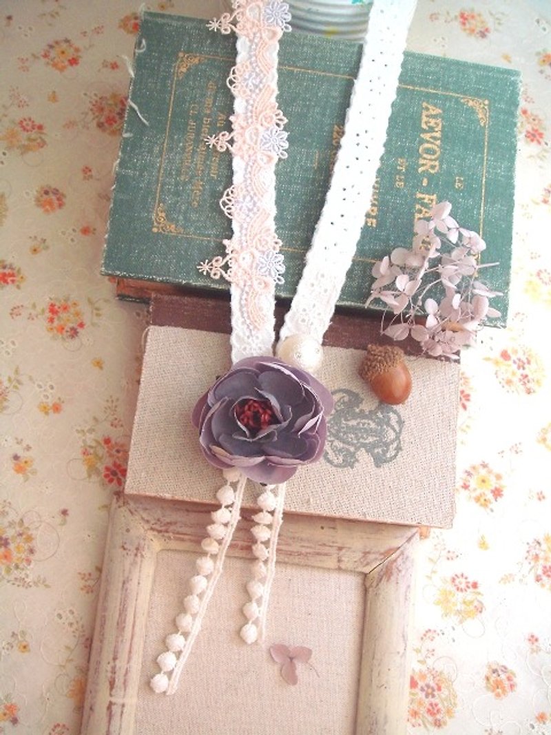 Garohands Light Purple Camellia Bow Banquet Cotton Pearl Feel Long Chain A408 Gift Forest Department - สร้อยคอ - วัสดุอื่นๆ สีม่วง
