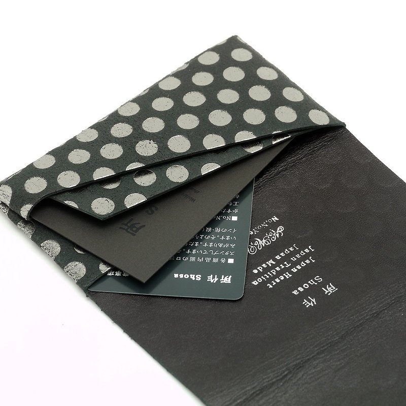 Handmade in Japan-made by Shosa vegetable tanned cowhide business card holder/card holder-Polka dots/black Silver dots - Card Holders & Cases - Genuine Leather 
