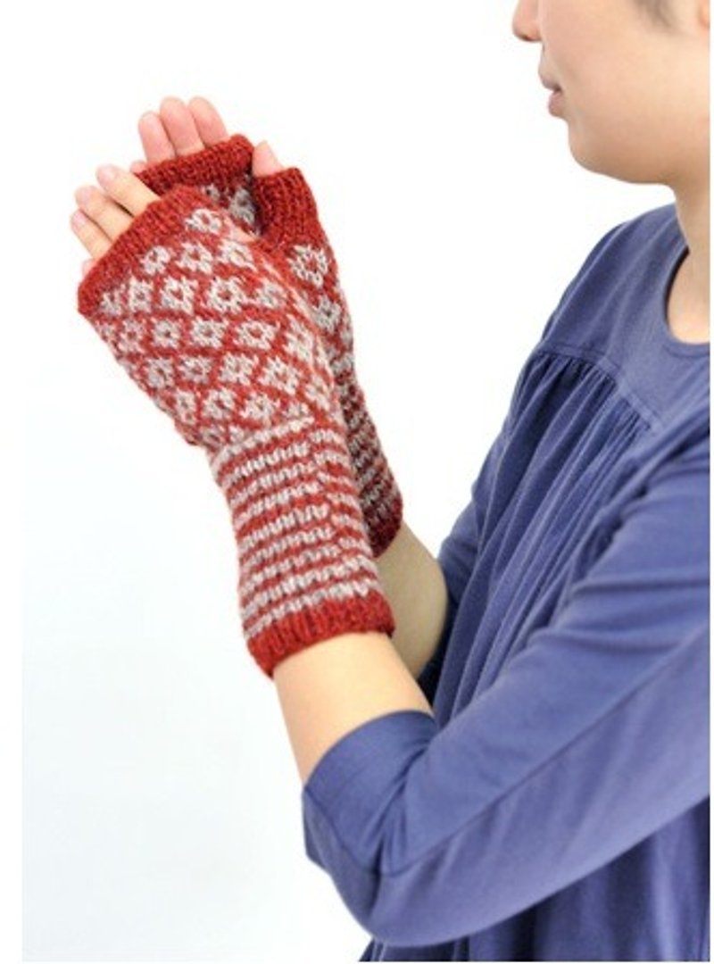 地球ツリーフェアトレード "手袋"  - 手編みのウール+コットン赤のチェック柄 - 手袋 - ウール 