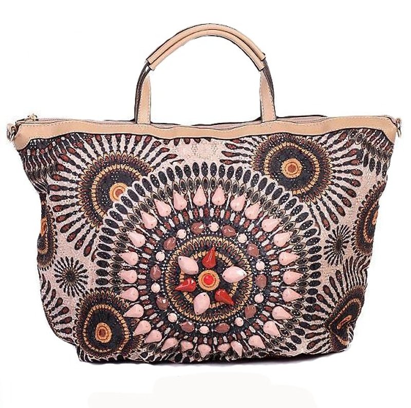 Bead Embellishments Leatherette Handbag,Tote hogo, Shoulder bag or Messanger bag by Liza From Europe -Brown- - 側背包/斜背包 - 其他材質 咖啡色