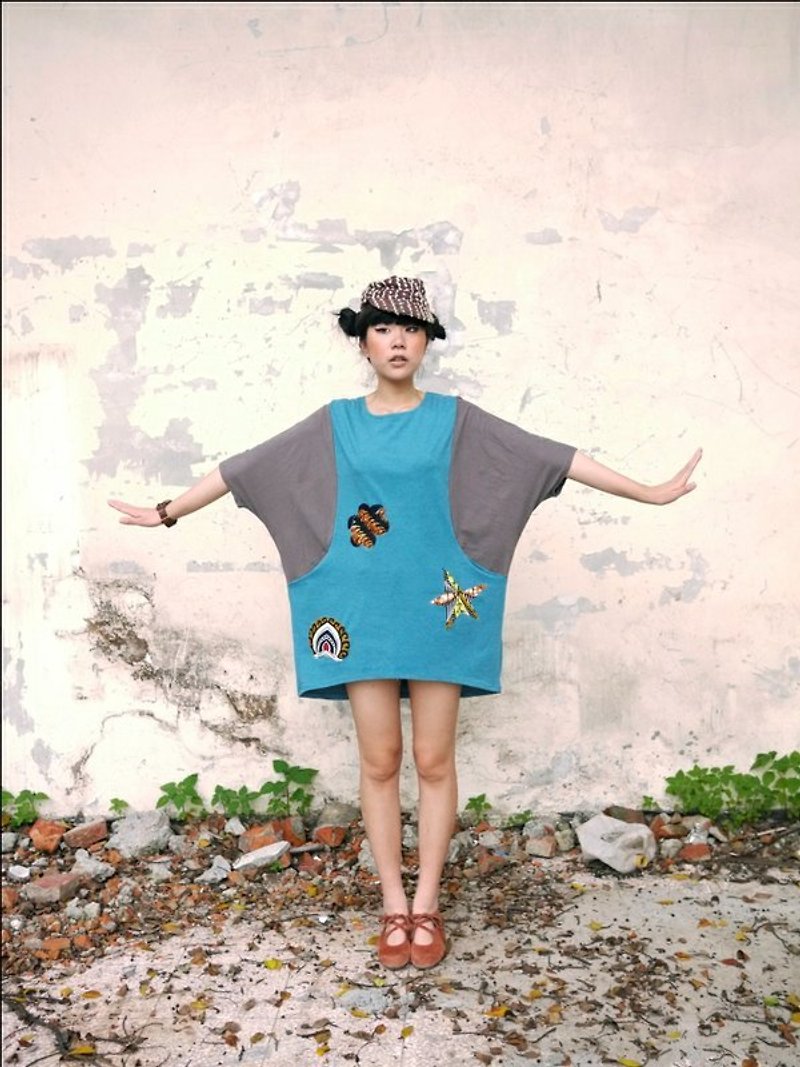 Post Free Shipping! Yang Ga YOUNGA Africa II fabric color stitching sleeve shirt flying squirrel: Ocean Blue - One Piece Dresses - Cotton & Hemp Blue