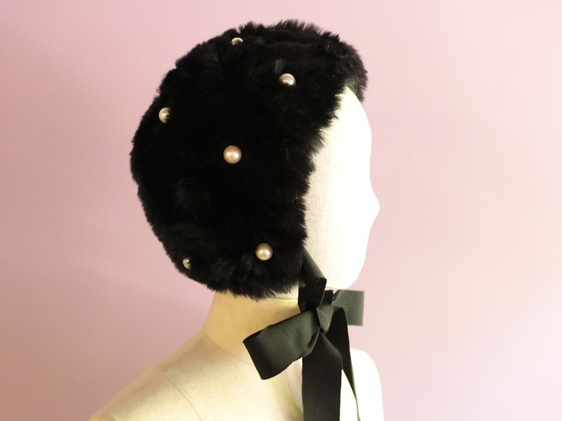 Black Faux Fur Pearl Dot Cap - Hats & Caps - Other Materials Black