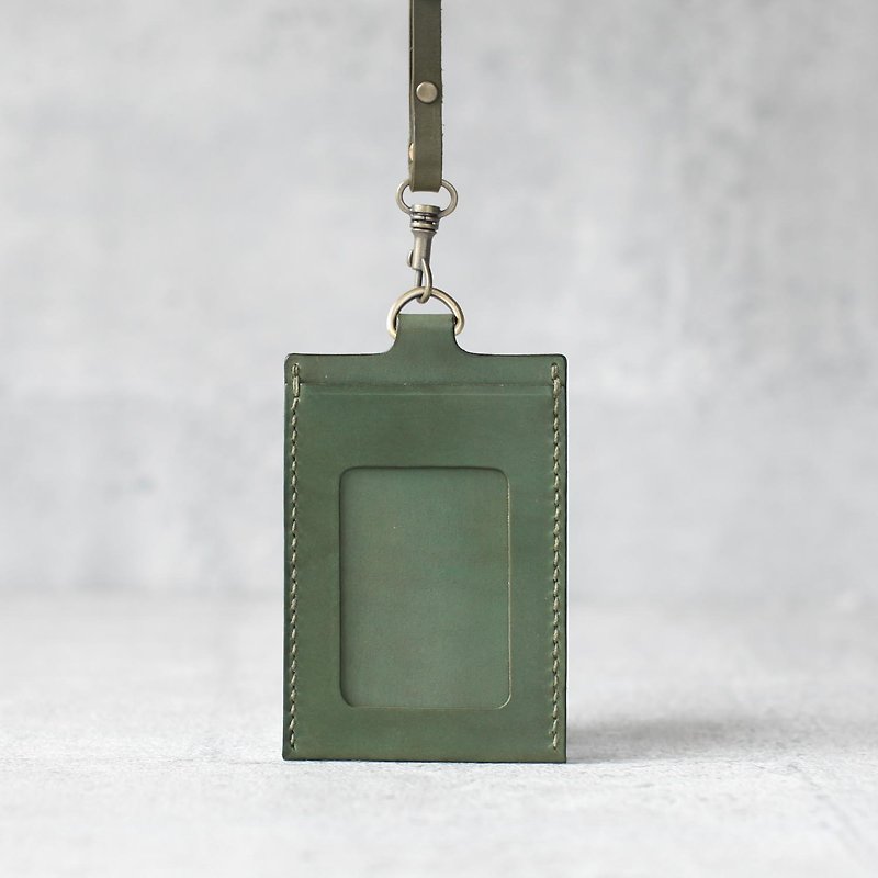 橄欖綠色植鞣真皮手工直橫式證件卡套 含掛繩 - 證件套/識別證套 - 真皮 綠色