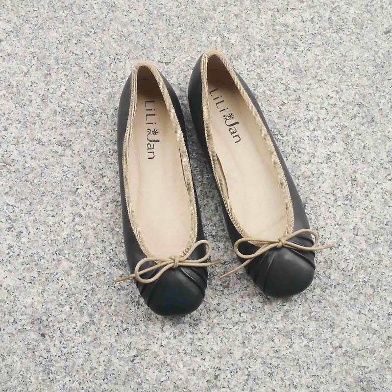 【三褶小方頭】蝴蝶結芭蕾舞鞋_女爵黑 - Women's Casual Shoes - Genuine Leather Black