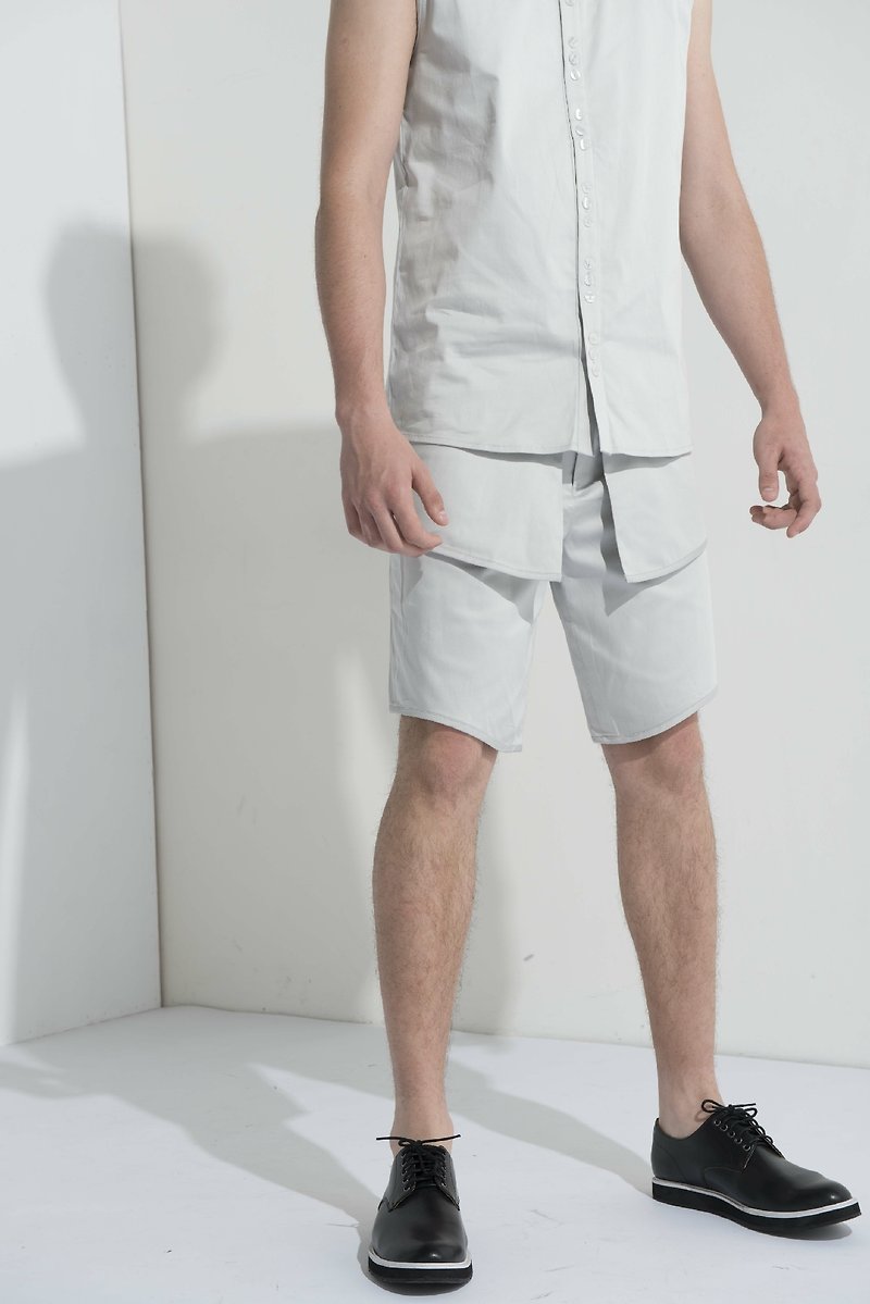 Sevenfold * Special Flap Shorts (No Pockets) (Light Gray) - กางเกงขาสั้น - ผ้าฝ้าย/ผ้าลินิน 