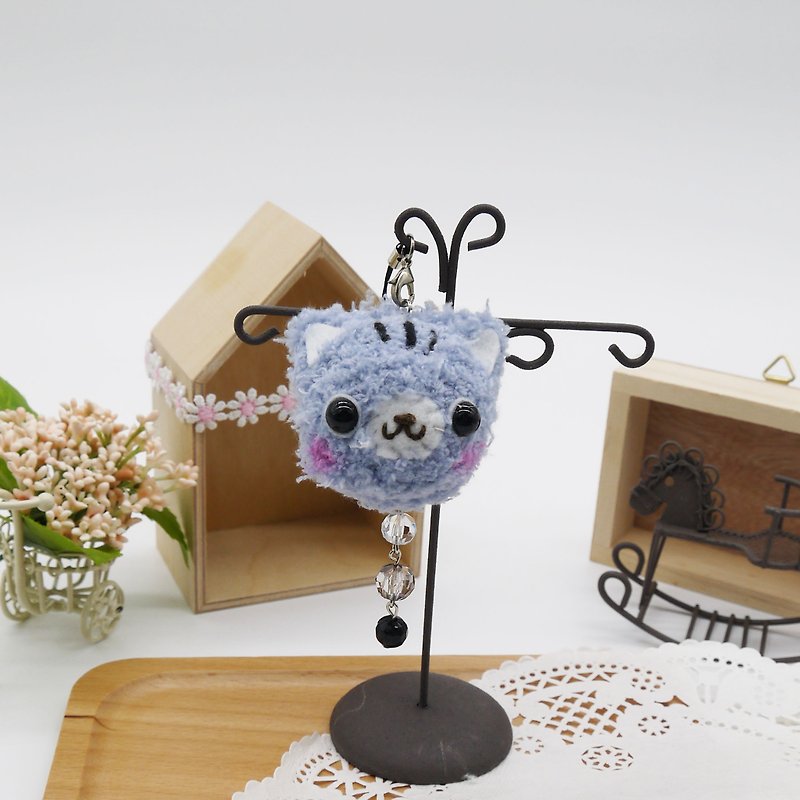 Knitted woolen soft and soft mobile phone charm can be changed to key ring charm-Little Gray Cat - พวงกุญแจ - ผ้าฝ้าย/ผ้าลินิน สีเทา