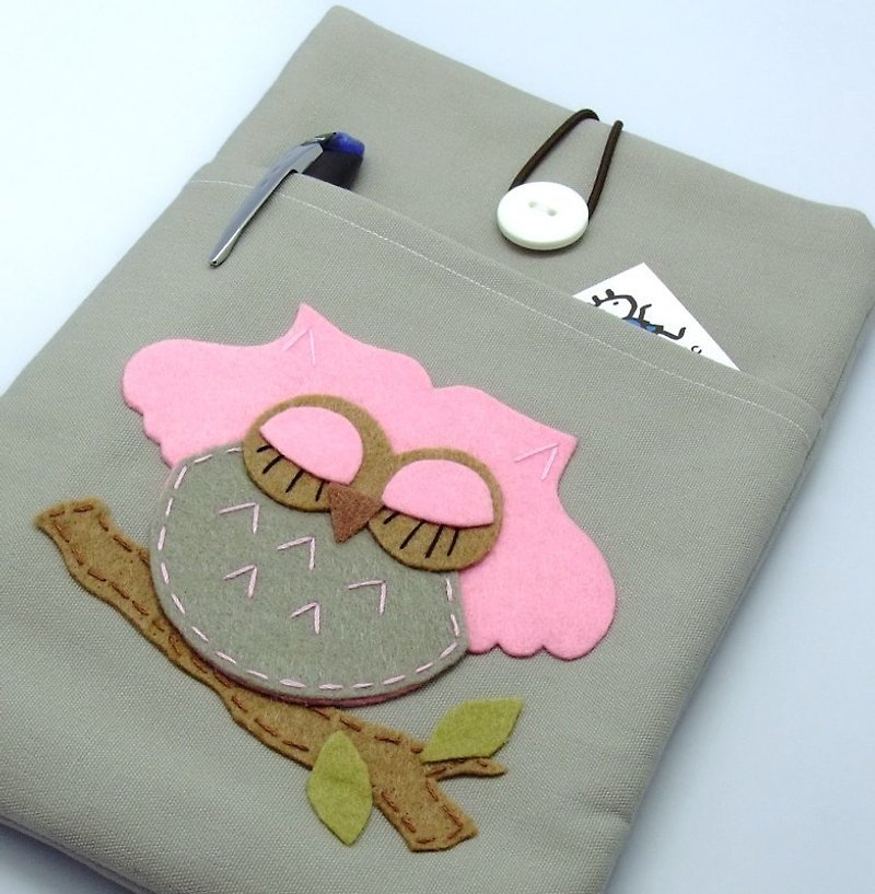 iPad Mini Cover/Case自家製平板電腦袋，布套 ，布包 (可號量身訂製) - 睡着了的貓頭鷹 - 平板/電腦保護殼/保護貼 - 棉．麻 灰色