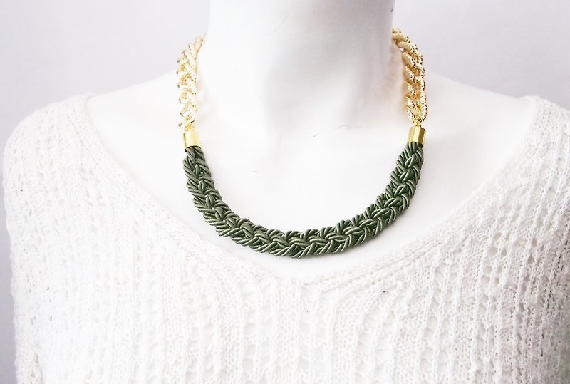 Military green rope necklace with gold plated chain. - 項鍊 - 其他材質 綠色