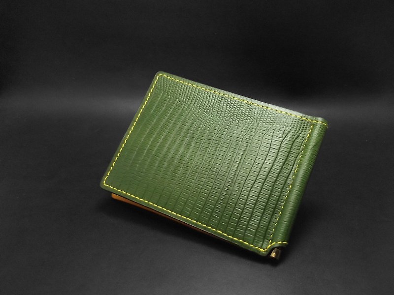 APEE leather handmade ~ banknote clip ~ lizard skin pattern ~ dark green / Ming yellow - กระเป๋าสตางค์ - หนังแท้ 