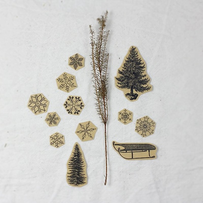 ✡Small scene-No. 1 fir tree snowflake sleigh✡ 12 hand-painted kraft paper illustration stickers - Stickers - Paper Khaki