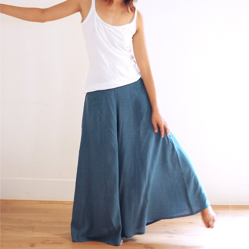 Handmade cotton wide swing Skirt - Blue - กางเกงขายาว - ผ้าฝ้าย/ผ้าลินิน สีน้ำเงิน