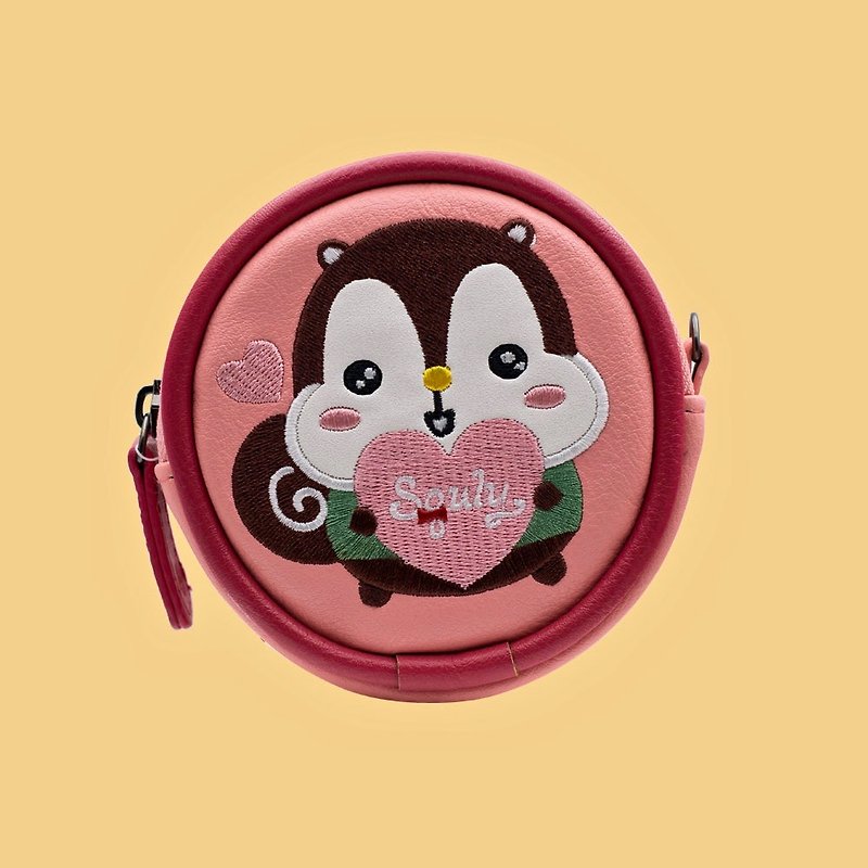 Squirrel coin purse round coin purse Squly&Friends design birthday gift - กระเป๋าใส่เหรียญ - หนังเทียม สึชมพู