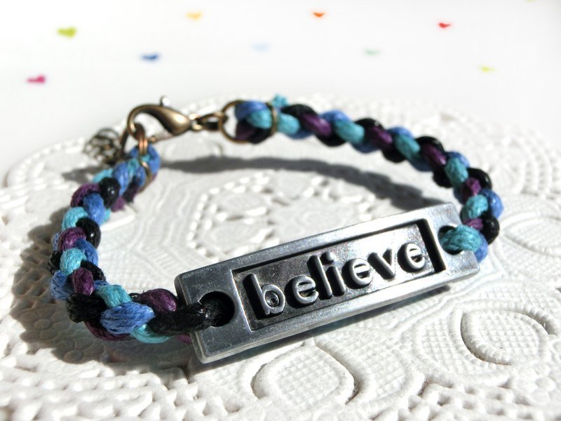 【優娜手作】 believe 字母排槍黑款腊繩手鍊 - Bracelets - Other Metals Multicolor