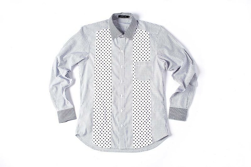 Stone'As Dot Pattern & Straight Shirt / Striped Dot Pattern Shirt - เสื้อเชิ้ตผู้ชาย - ผ้าฝ้าย/ผ้าลินิน สีเทา