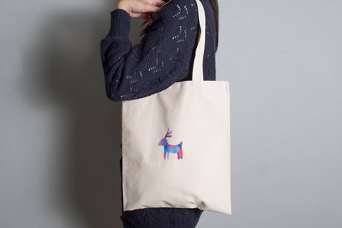 Kaasan 手繪手印 胚布提袋【麋鹿】單面圖案 手提/肩背 藍紅/黃藍