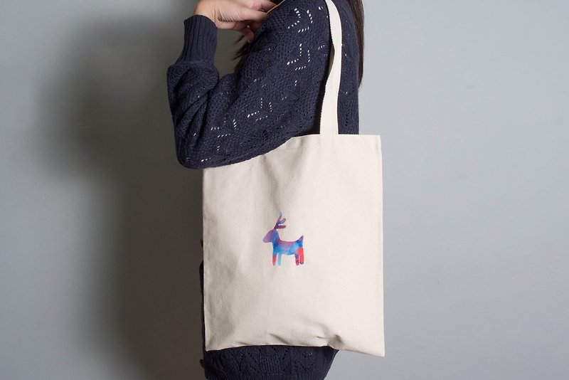 Hand-painted hand-printed fabric bag [Elk] Single-sided pattern portable/shoulder blue red/yellow blue - กระเป๋าแมสเซนเจอร์ - ผ้าฝ้าย/ผ้าลินิน หลากหลายสี