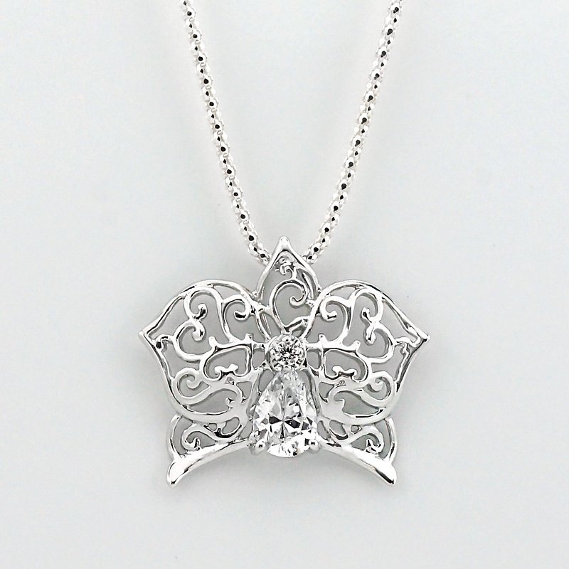 Handmade fine inlaid joint series / dream orchid / sterling silver and white gold plated / necklace - Necklaces - Sterling Silver White