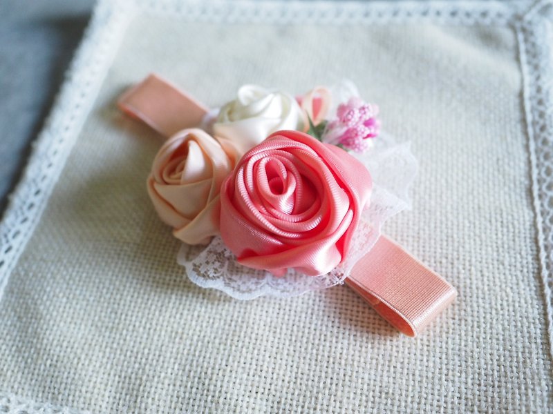 Handmade ribbon rose elastic baby/kid headband - Baby Hats & Headbands - Silk Pink