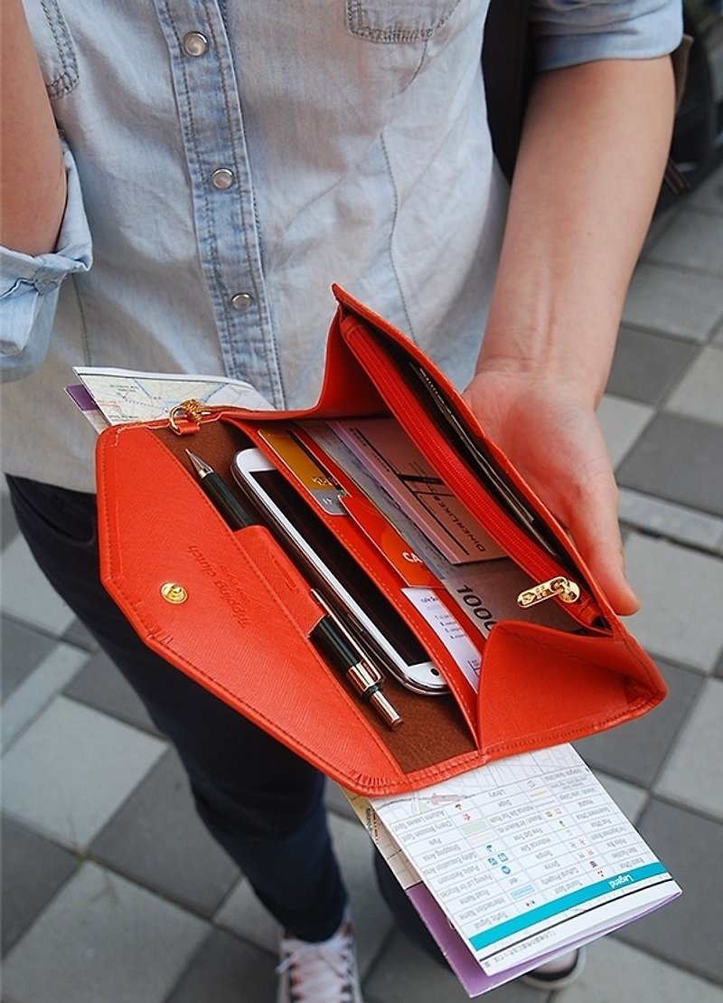 【牛一水佘】韓國Play obje Tripping Clutch ver.2 皮革 多功能收納 錢包 手機包 護照包 - deep orange - กระเป๋าสตางค์ - หนังแท้ สีส้ม
