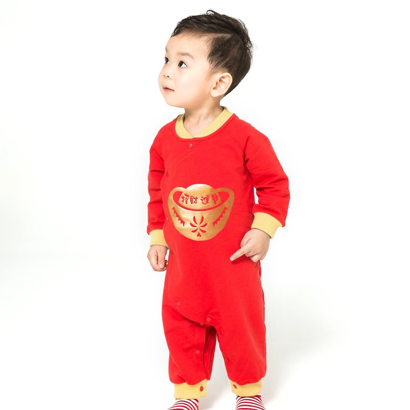 Good luck Chinese style one-piece bunny suit fortune and treasure - Onesies - Cotton & Hemp Red