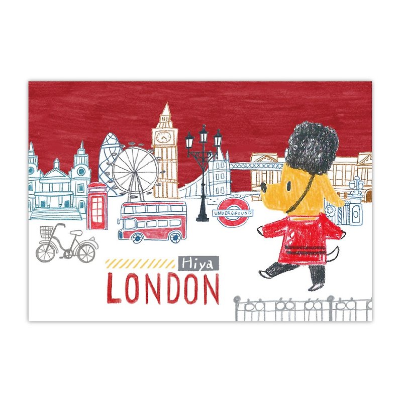 [Poca] 插畫明信片：飛遊城市系列 狗店長遊英國倫敦（編號06） - 卡片/明信片 - 紙 紅色
