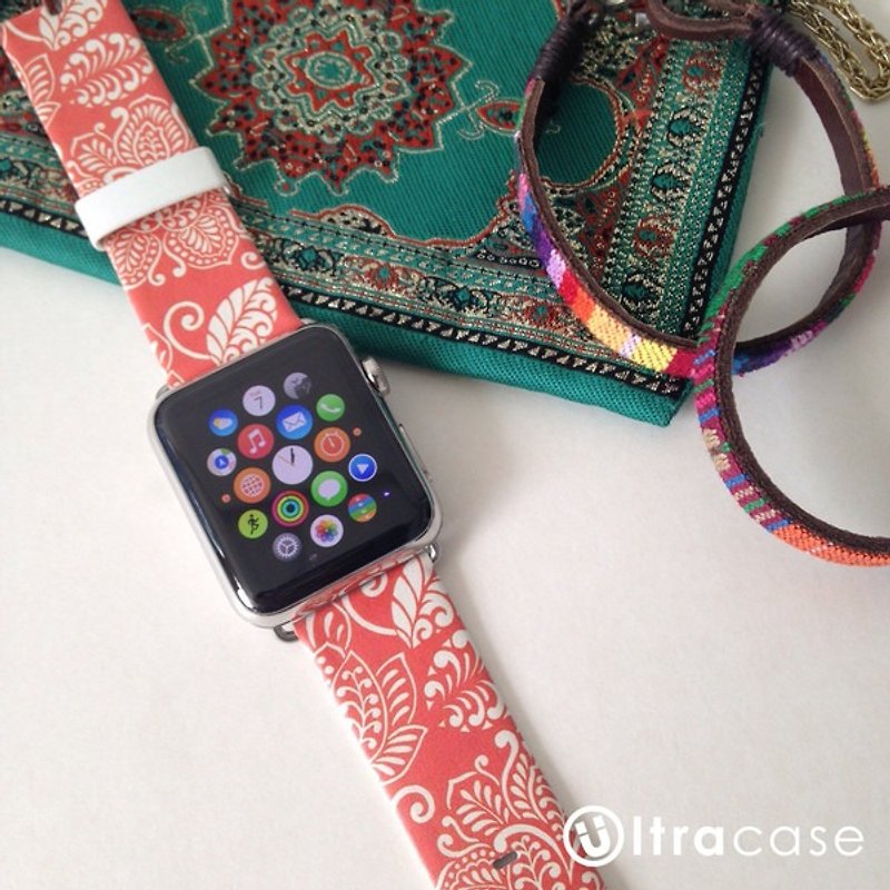Apple Watch Series 1-5 用のレザー時計バンドにオレンジ色のハワイの花がプリントされています。 - その他 - 革 