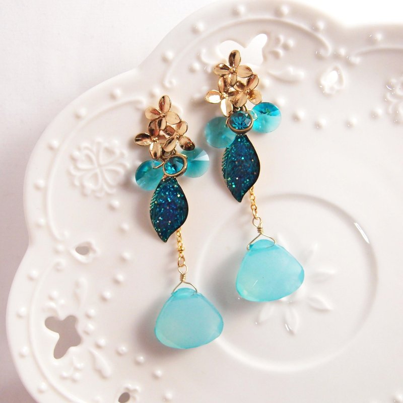 Florid forest [CR0136] natural stone leaf x x x rhinestone flower pin earrings clip earrings handmade creation /// - Earrings & Clip-ons - Other Materials Blue