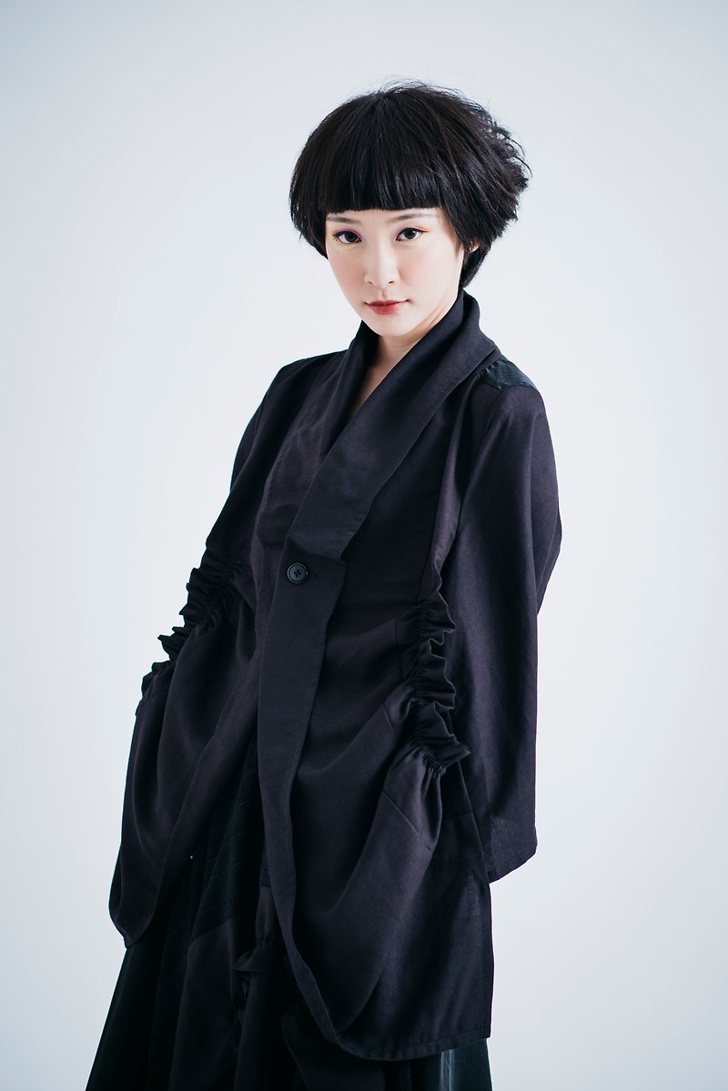 moi non plus black coral blouse - เสื้อแจ็คเก็ต - ผ้าฝ้าย/ผ้าลินิน สีดำ