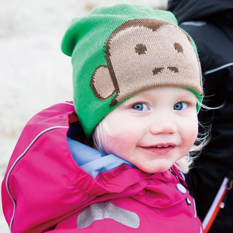 Swedish warm inner brushed dense waterproof fleece wool knitted hat 0 to 6 years old green little monkey - หมวกเด็ก - ขนแกะ สีเขียว