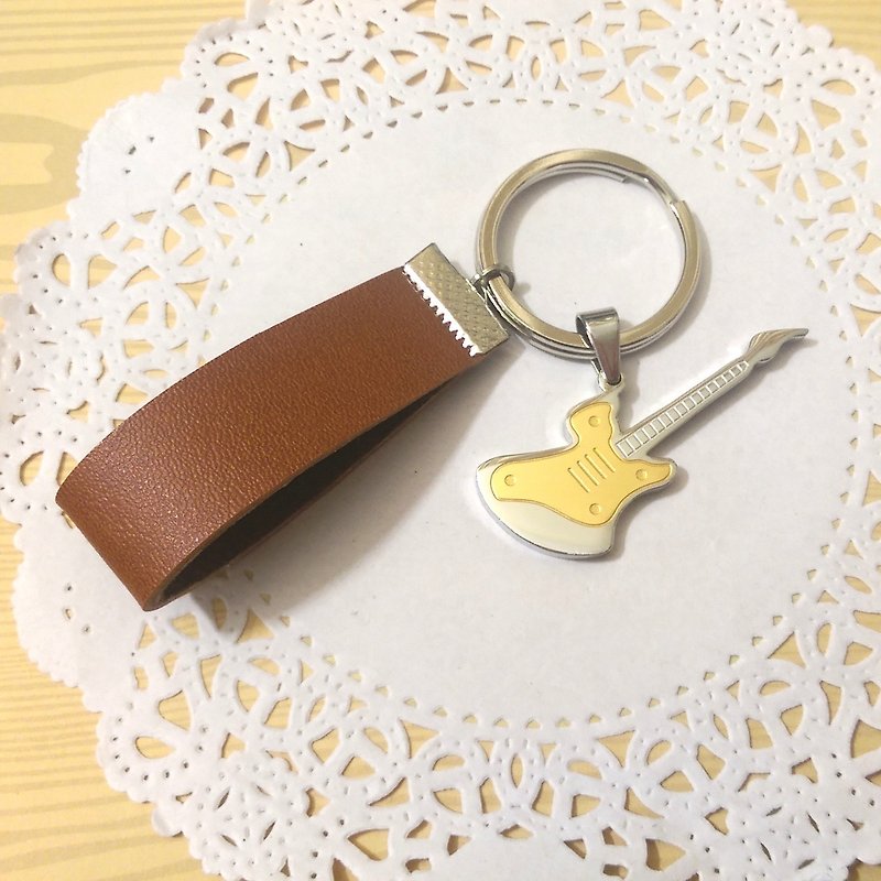 [Stainless steel golden bass leather key ring] Musical instrument orchestra note leather hand-made customized custom-made "Mi Si Bear" graduation gift - Keychains - Genuine Leather Gold