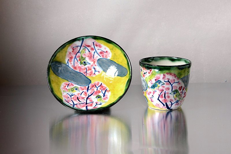 Warbler and cherry blossom color painting free cup set - Teapots & Teacups - Other Materials Green