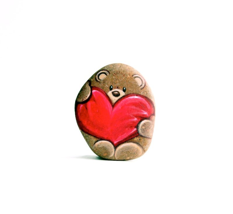 Bear with heart (Stone painting) - Other - Stone Red