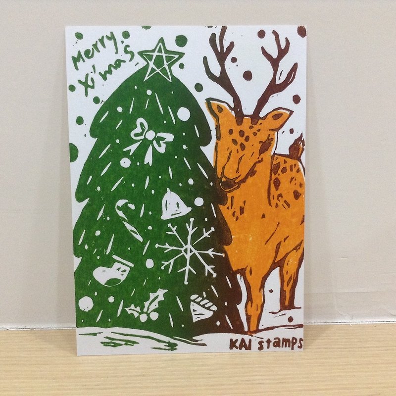 小鹿過聖誕-手工版印明信片 - 心意卡/卡片 - 紙 多色