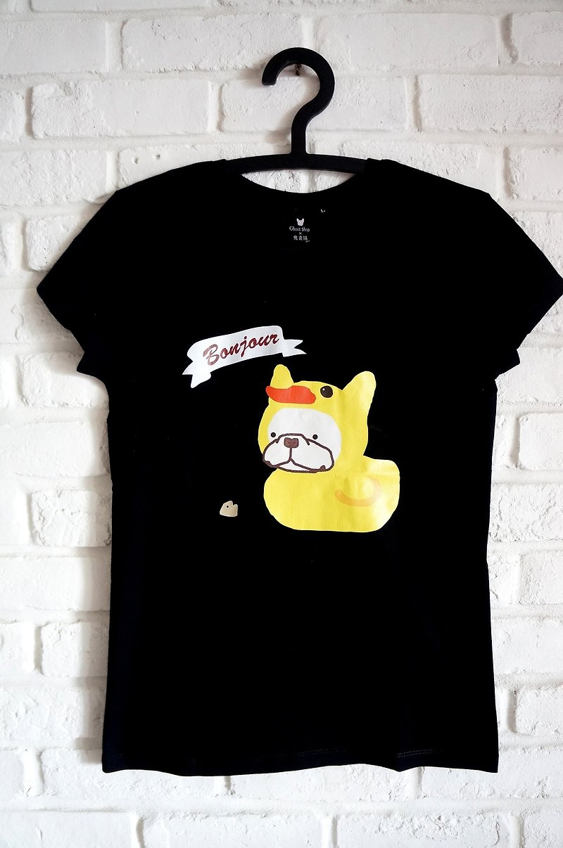 [Fighting duckling T-shirt]-girl short version / long version-black - Women's T-Shirts - Cotton & Hemp Gray