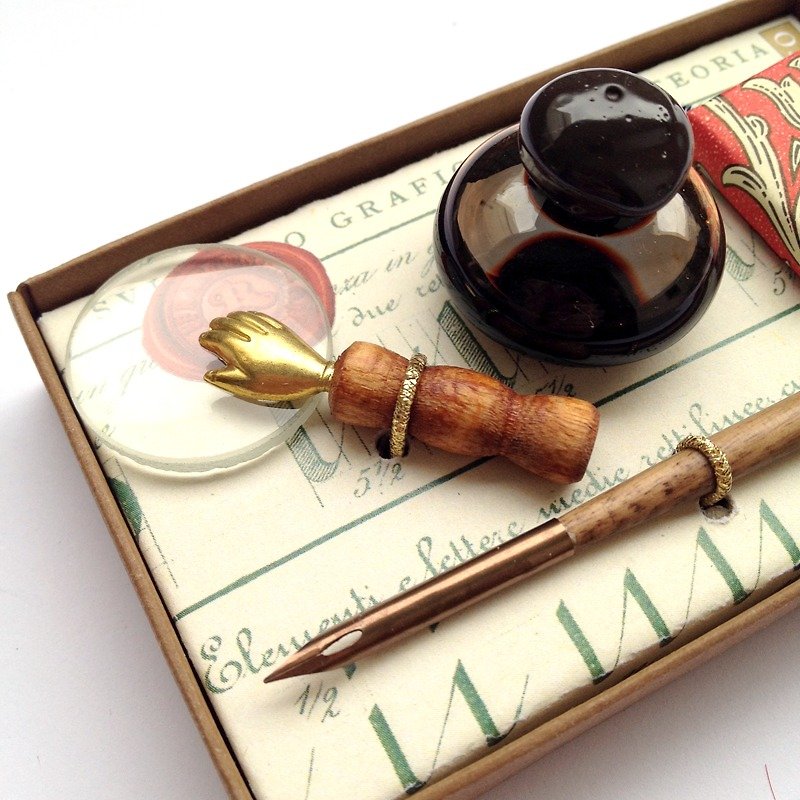 7502 Mini Writing Set- Wooden Nibholder+ Ink+Inkwell+ Mini Book / Francesco Rubi - Dip Pens - Wood Brown