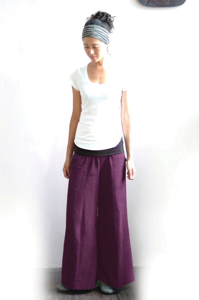 手工棉麻寬褲-紫酒紅 - Women's Pants - Cotton & Hemp Purple