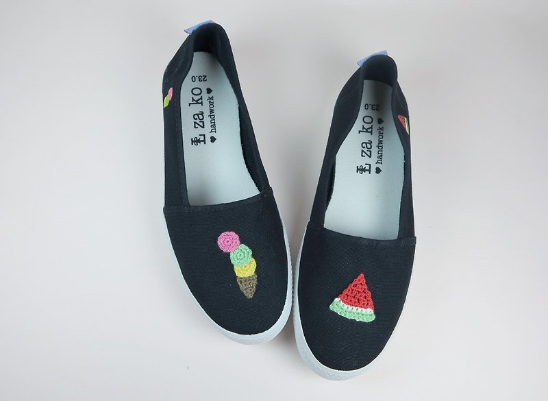 Black cotton canvas hand made shoes summer cool watermelon + ice cream without weaving - รองเท้าลำลองผู้หญิง - วัสดุอื่นๆ สีส้ม