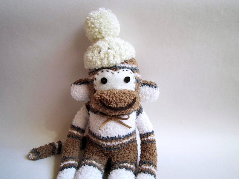 Sock monkey with caps - ตุ๊กตา - ผ้าฝ้าย/ผ้าลินิน ขาว