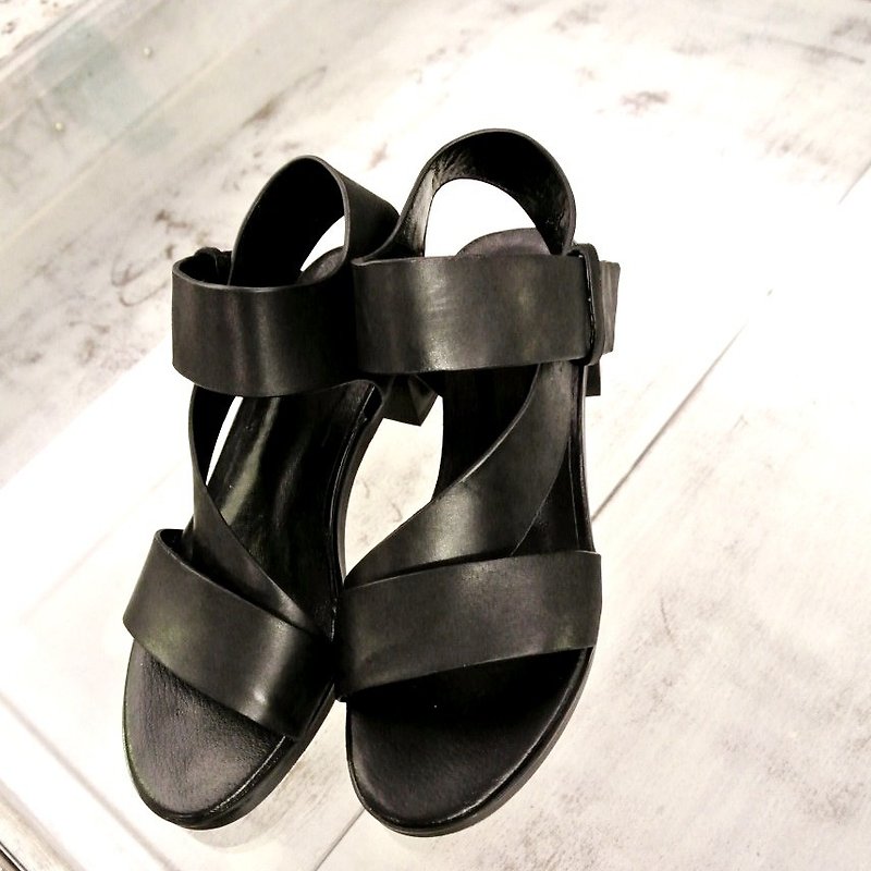 Draw # 934 # Minimalist tie across low-heeled sandals / black wax cattle - Sandals - Genuine Leather Black