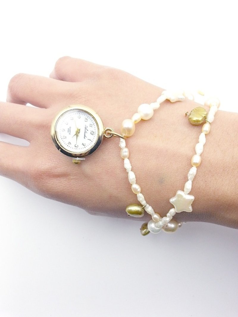 [Lost and find more usage] starfish Twisted freshwater pearl watch - Bracelets - Gemstone White