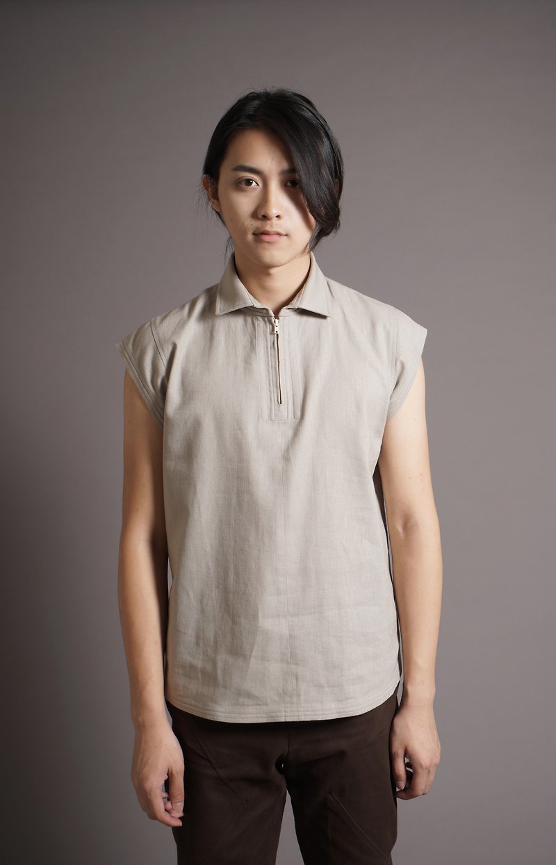 Flat collar placket zipper top_Apricot - Men's T-Shirts & Tops - Other Materials Khaki