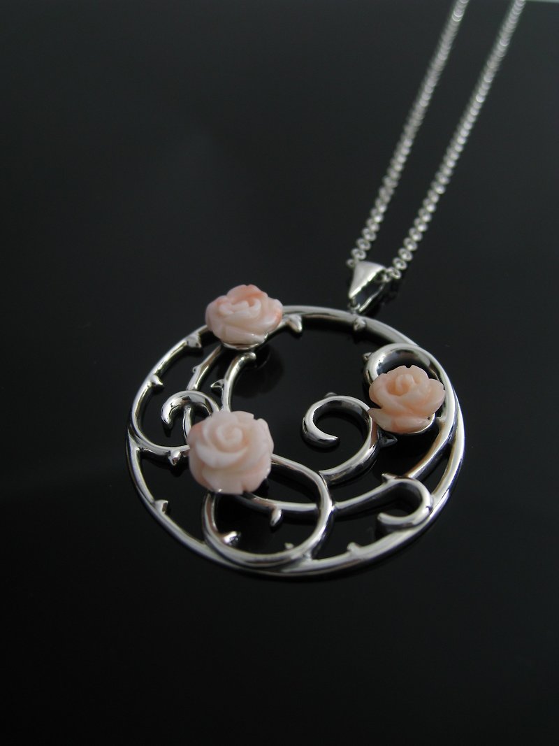Rose series / delicate natural coral rose necklace / 925 Silver/ designer limited edition - สร้อยคอ - โลหะ สึชมพู