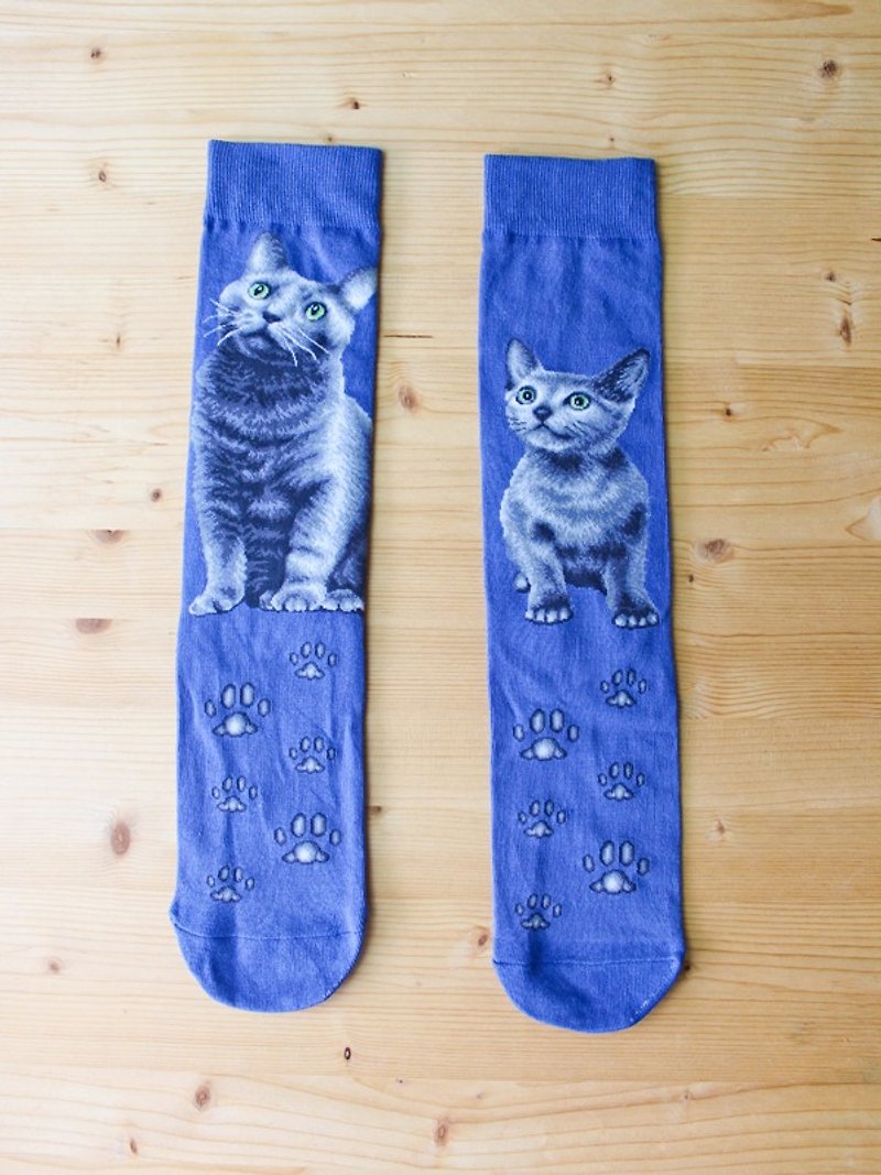 JHJ Design Canadian Brand High Color Knitted Cotton Socks Cat Series Russian Blue Catwoman - ถุงเท้า - ผ้าฝ้าย/ผ้าลินิน สีน้ำเงิน
