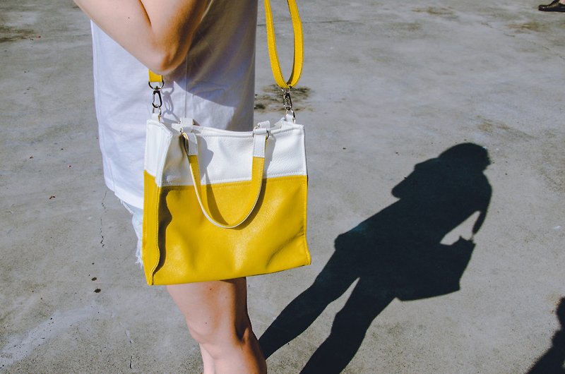 皮革拼色紙袋包 兩用 (白+檸檬黃) - 側背包/斜背包 - 真皮 黃色