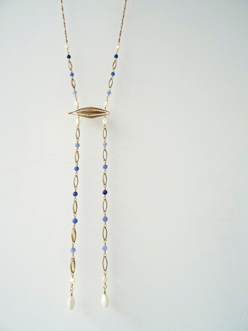 Sodalite and Shell Beaded Drops with Eye-Shaped Brass Filigree Copper Necklace - Long Necklaces - Semi-Precious Stones Blue